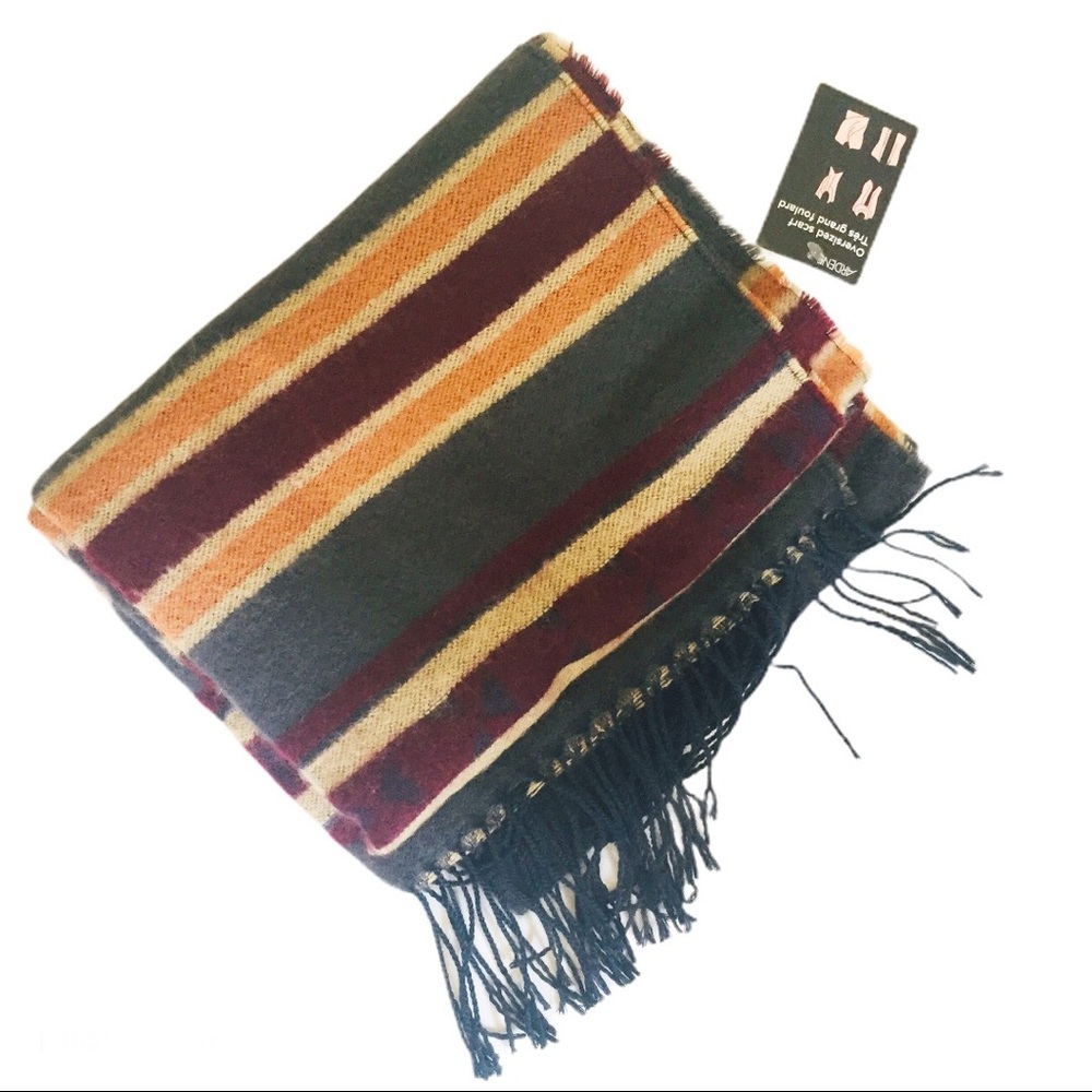 NWT ARDENE Green Maroon Stripe Knit Oversized Scarf Wrap OS